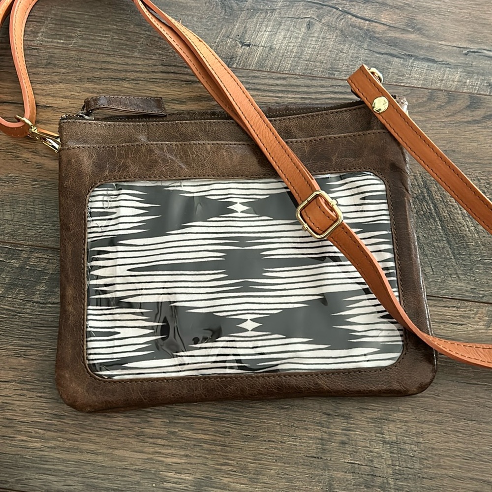 Latico leather flap crossbody with Aztec geometric clear pocket